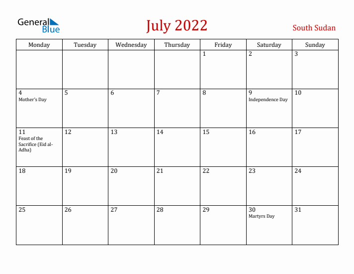 South Sudan July 2022 Calendar - Monday Start