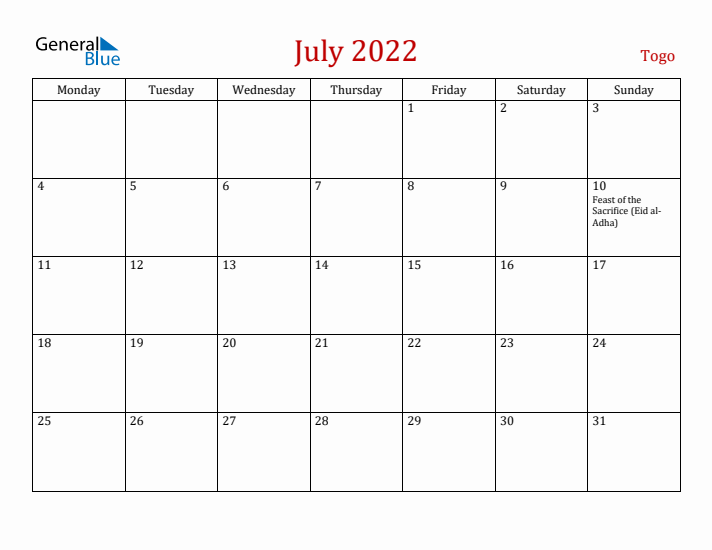 Togo July 2022 Calendar - Monday Start