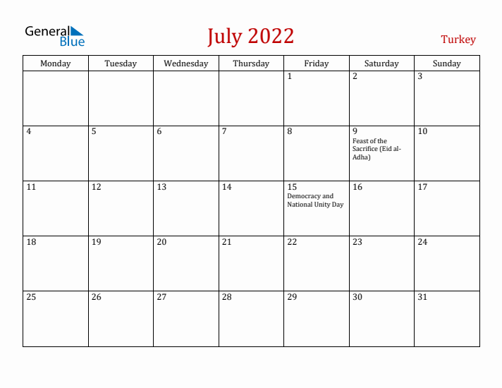 Turkey July 2022 Calendar - Monday Start