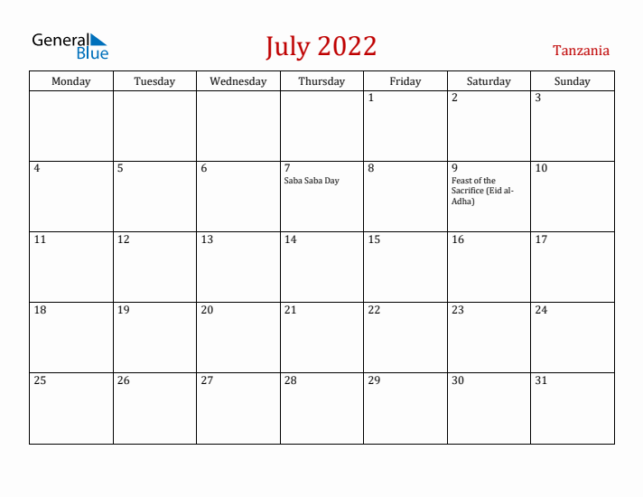Tanzania July 2022 Calendar - Monday Start