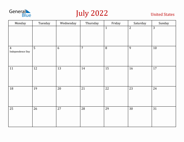United States July 2022 Calendar - Monday Start