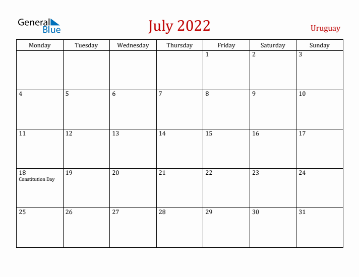 Uruguay July 2022 Calendar - Monday Start