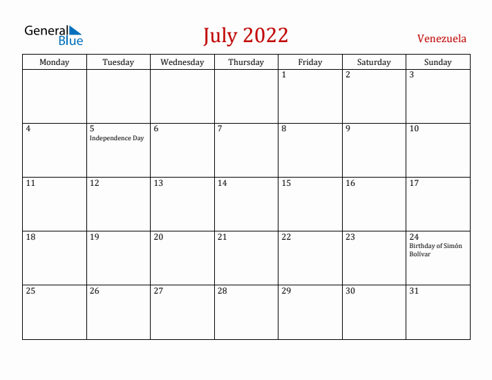 Venezuela July 2022 Calendar - Monday Start