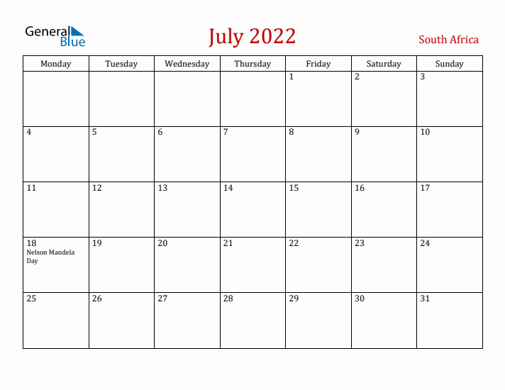 South Africa July 2022 Calendar - Monday Start