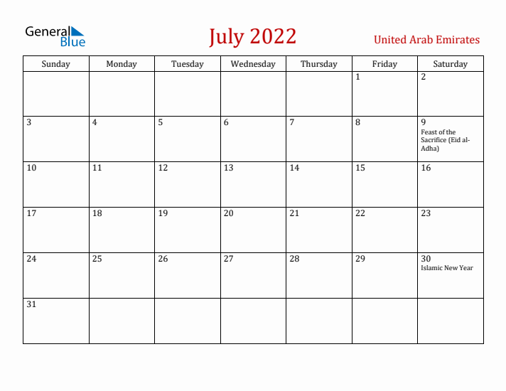 United Arab Emirates July 2022 Calendar - Sunday Start