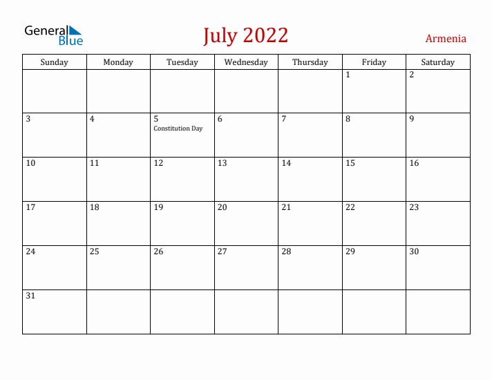 Armenia July 2022 Calendar - Sunday Start