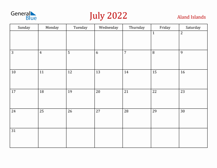Aland Islands July 2022 Calendar - Sunday Start