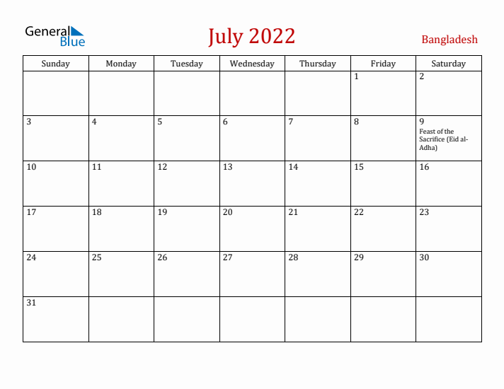 Bangladesh July 2022 Calendar - Sunday Start