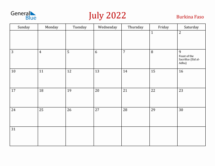 Burkina Faso July 2022 Calendar - Sunday Start