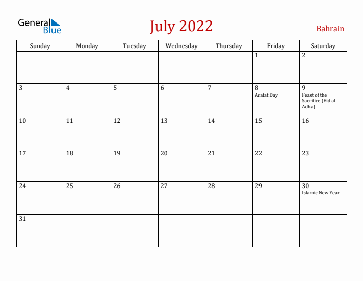 Bahrain July 2022 Calendar - Sunday Start