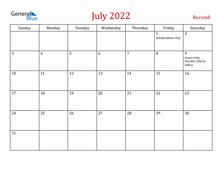 Burundi July 2022 Calendar - Sunday Start