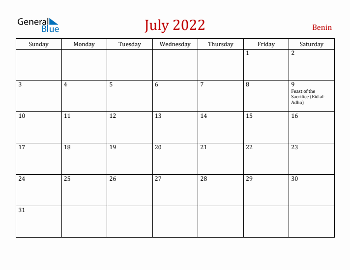 Benin July 2022 Calendar - Sunday Start