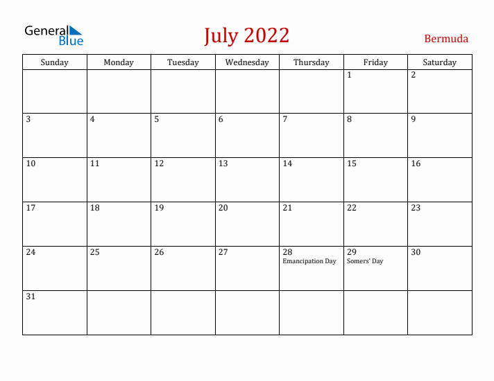 Bermuda July 2022 Calendar - Sunday Start