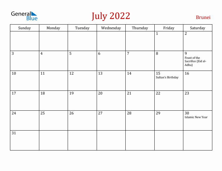 Brunei July 2022 Calendar - Sunday Start