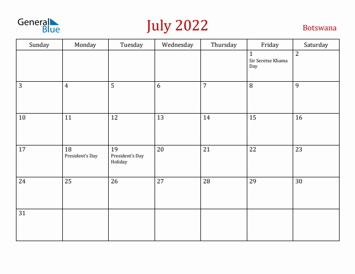 Botswana July 2022 Calendar - Sunday Start