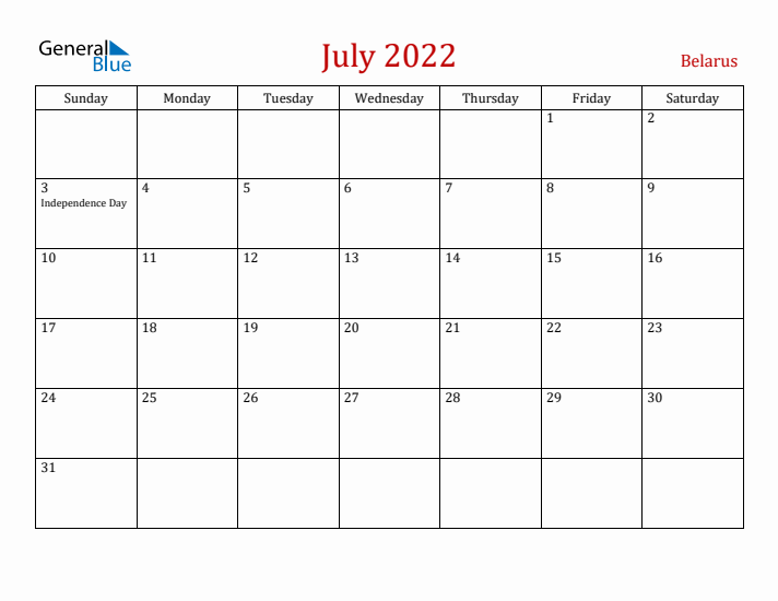 Belarus July 2022 Calendar - Sunday Start