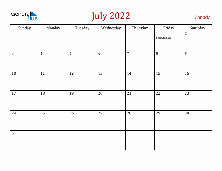Canada July 2022 Calendar - Sunday Start