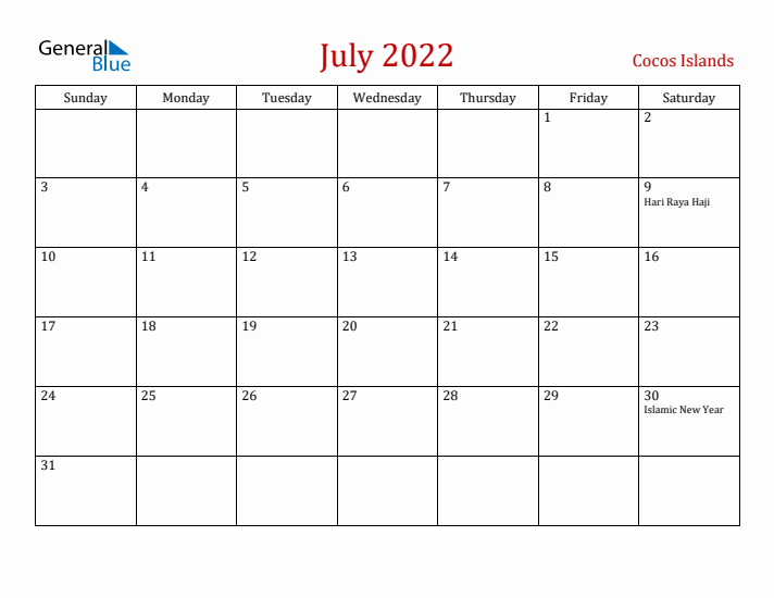 Cocos Islands July 2022 Calendar - Sunday Start