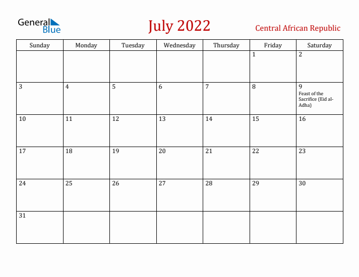 Central African Republic July 2022 Calendar - Sunday Start