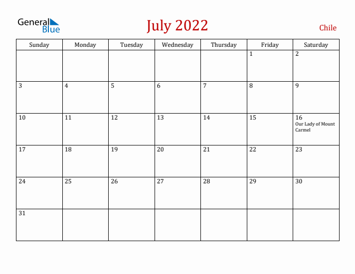 Chile July 2022 Calendar - Sunday Start