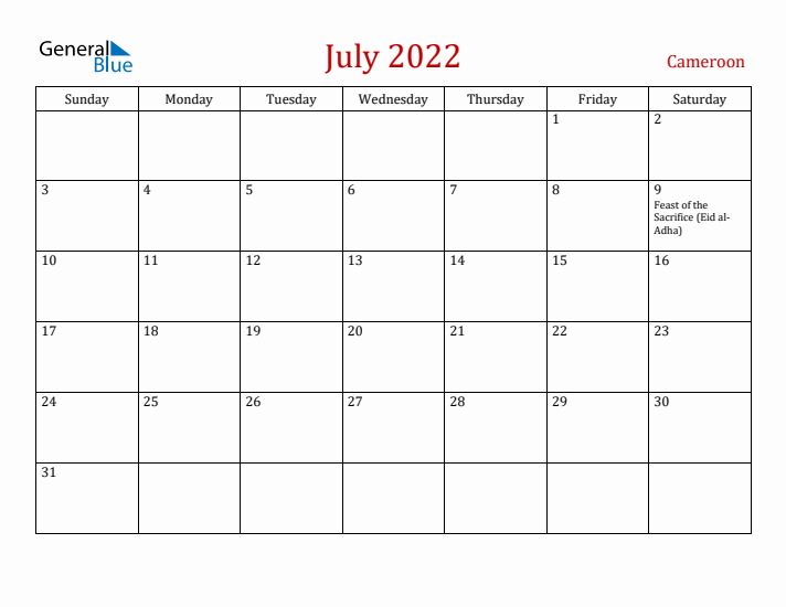 Cameroon July 2022 Calendar - Sunday Start