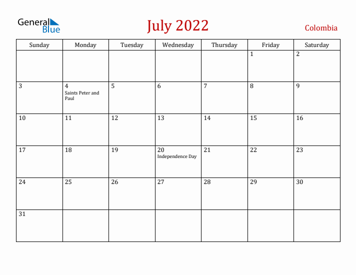 Colombia July 2022 Calendar - Sunday Start