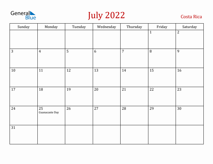 Costa Rica July 2022 Calendar - Sunday Start