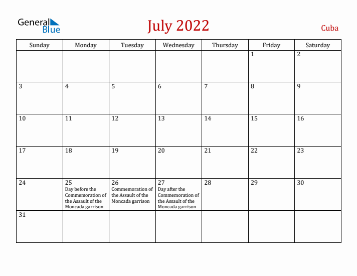 Cuba July 2022 Calendar - Sunday Start
