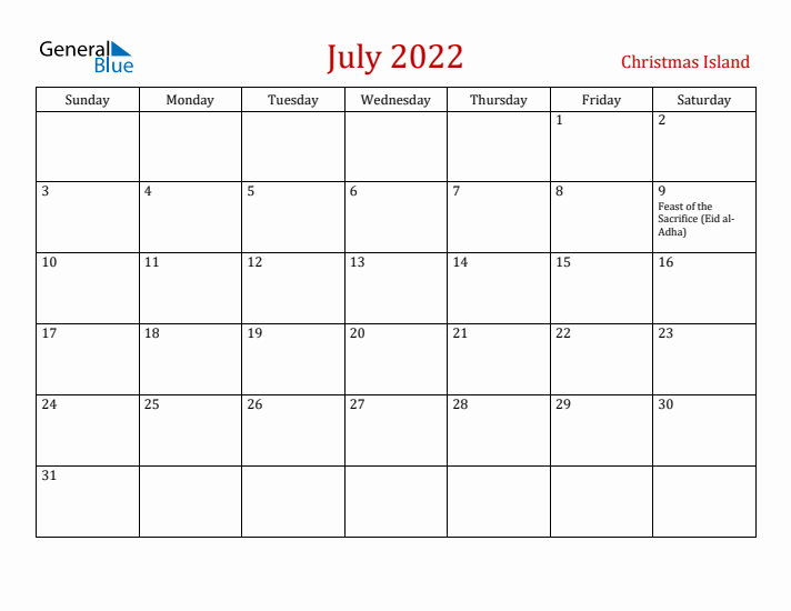 Christmas Island July 2022 Calendar - Sunday Start