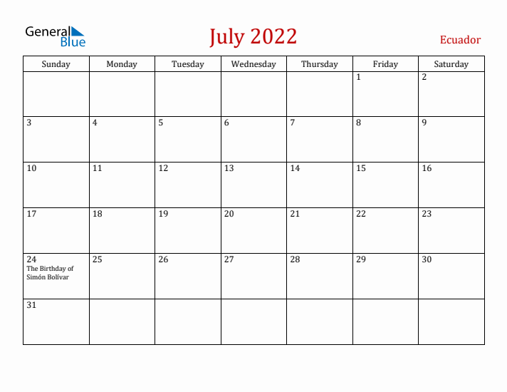 Ecuador July 2022 Calendar - Sunday Start