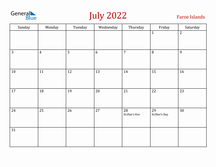 Faroe Islands July 2022 Calendar - Sunday Start