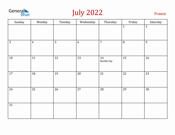 France July 2022 Calendar - Sunday Start