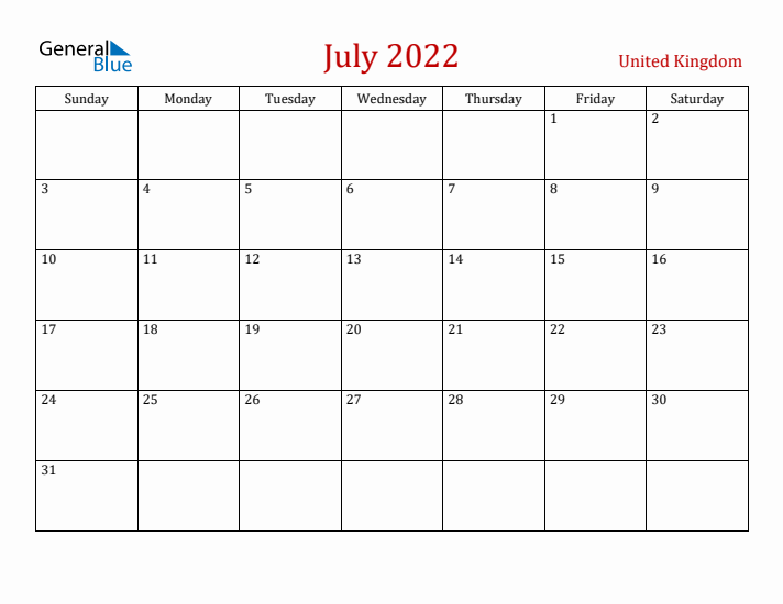United Kingdom July 2022 Calendar - Sunday Start