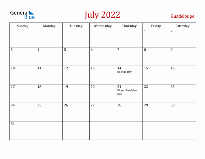 Guadeloupe July 2022 Calendar - Sunday Start