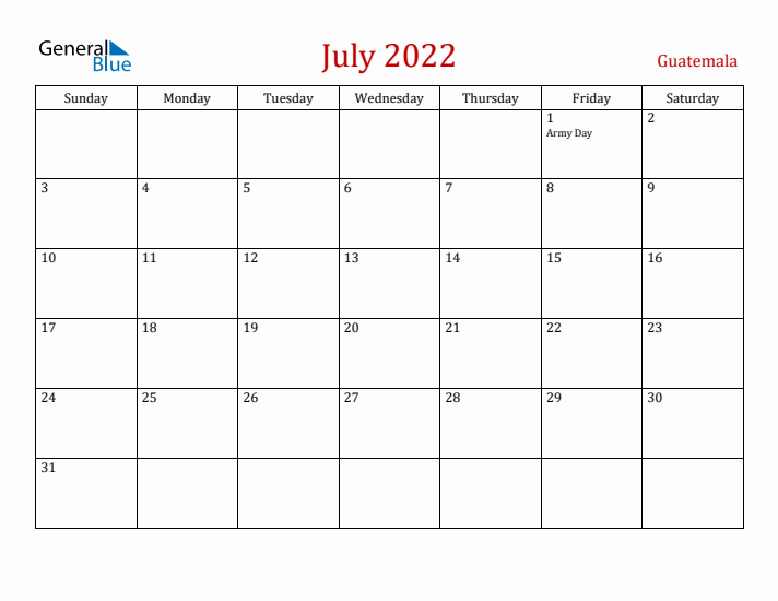 Guatemala July 2022 Calendar - Sunday Start