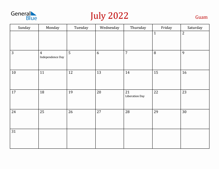 Guam July 2022 Calendar - Sunday Start