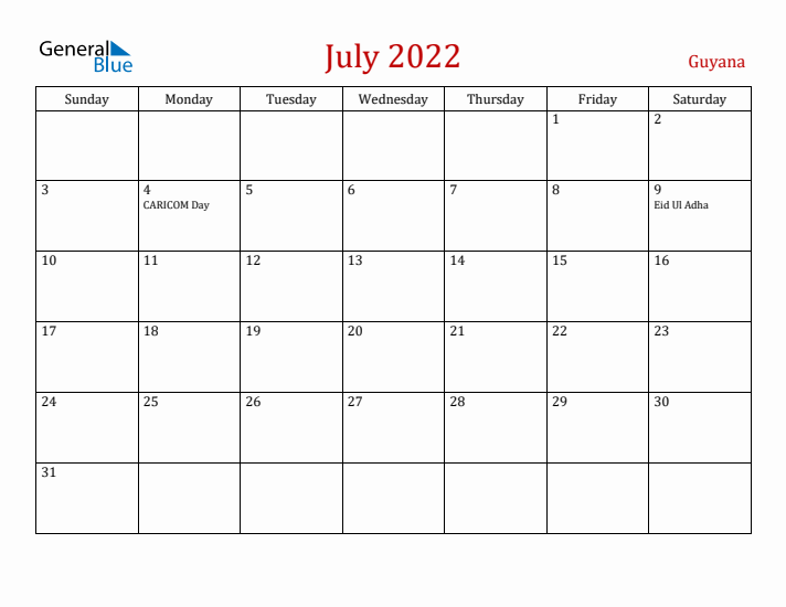 Guyana July 2022 Calendar - Sunday Start