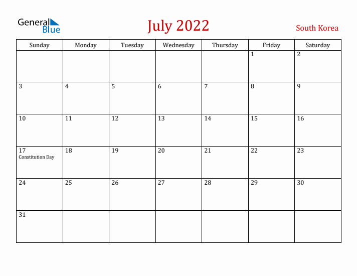 South Korea July 2022 Calendar - Sunday Start