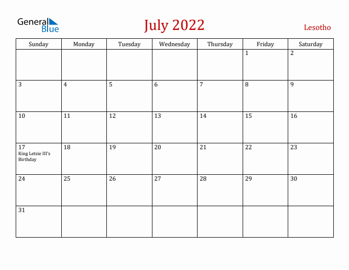 Lesotho July 2022 Calendar - Sunday Start