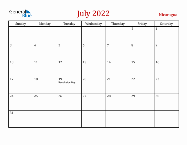 Nicaragua July 2022 Calendar - Sunday Start