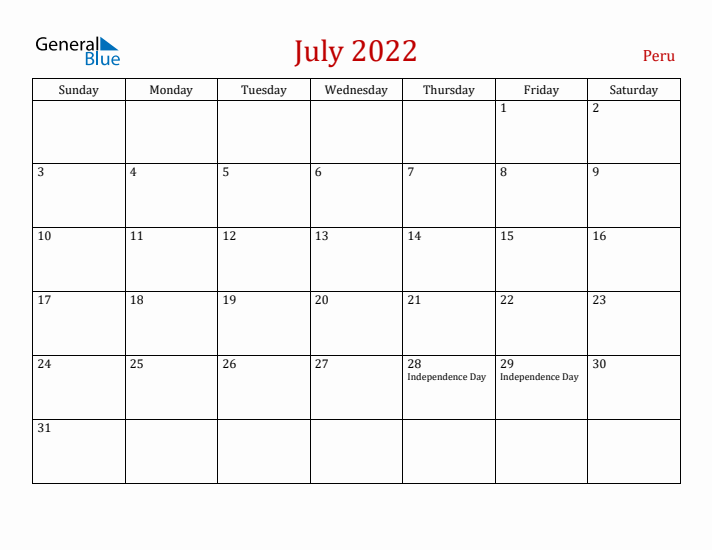 Peru July 2022 Calendar - Sunday Start