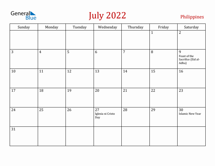 Philippines July 2022 Calendar - Sunday Start