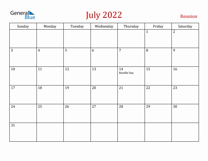 Reunion July 2022 Calendar - Sunday Start