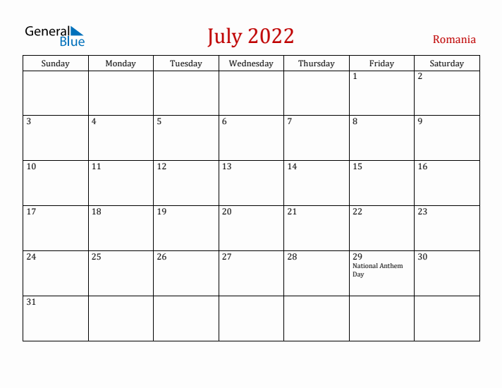 Romania July 2022 Calendar - Sunday Start