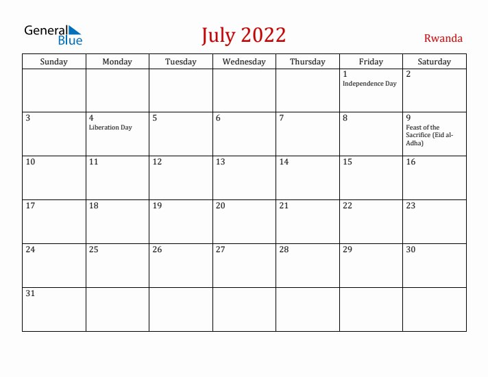 Rwanda July 2022 Calendar - Sunday Start