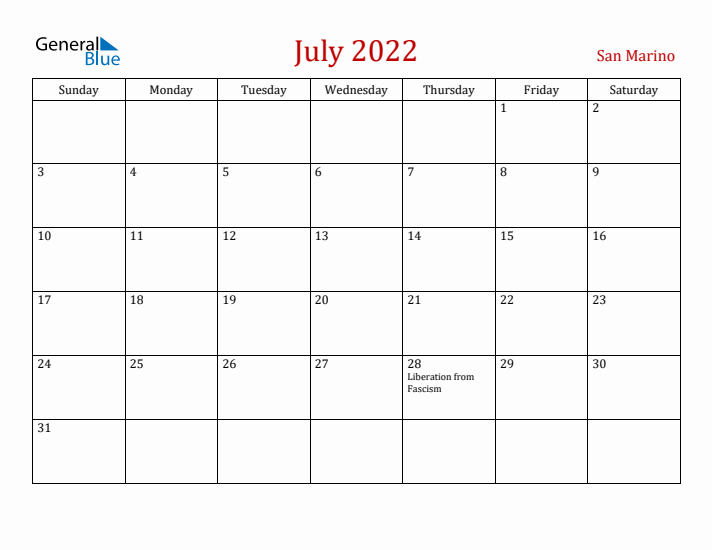 San Marino July 2022 Calendar - Sunday Start