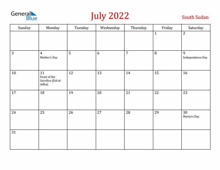 South Sudan July 2022 Calendar - Sunday Start