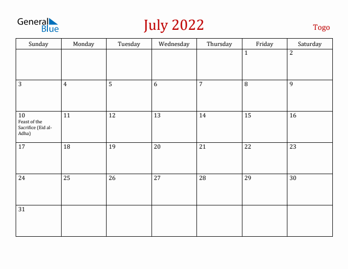 Togo July 2022 Calendar - Sunday Start
