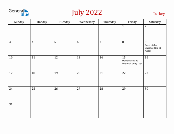 Turkey July 2022 Calendar - Sunday Start