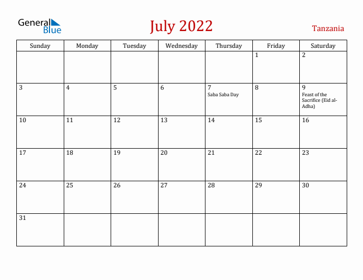Tanzania July 2022 Calendar - Sunday Start